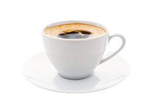 Dark Bean Coffee in a white cup and saucer in a white background