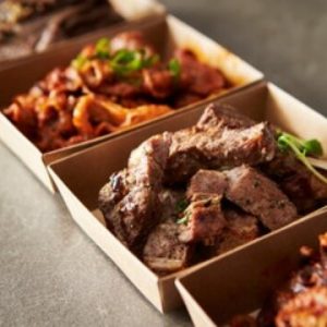 Take away grilled-sliced boxed chicken & ribs meal